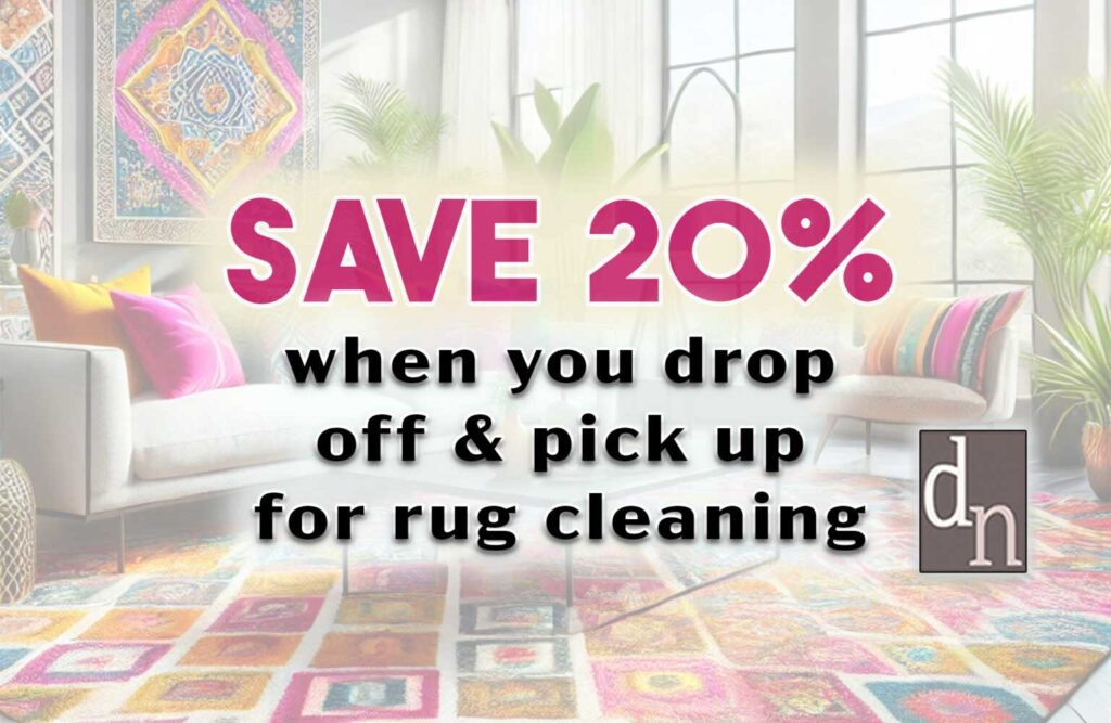 Promotional graphic offering 20% off rug cleaning in Tulsa for customer drop-off and pick-up at Day & Nite Rugs.
